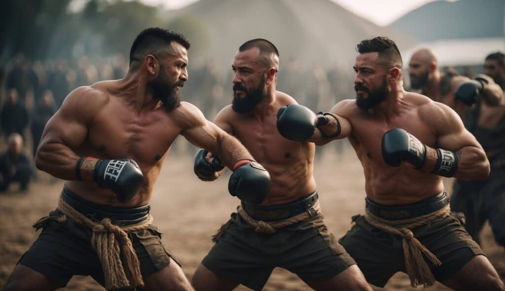 A group of ancient warriors engage in hand-to-hand combat, laying the foundation for the early history of MMA