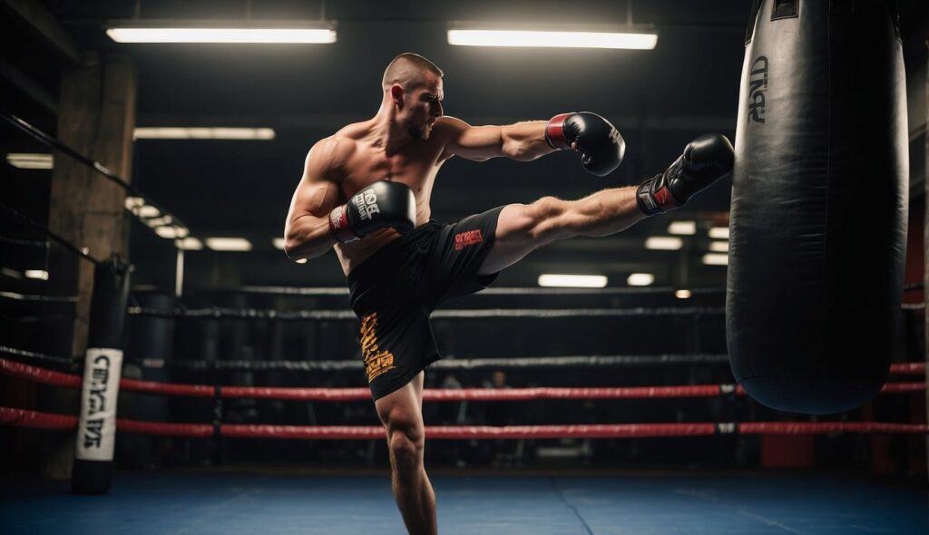 A MMA fighter practicing kicks and punches on a heavy bag in a dimly lit gym with sweat glistening on their skin