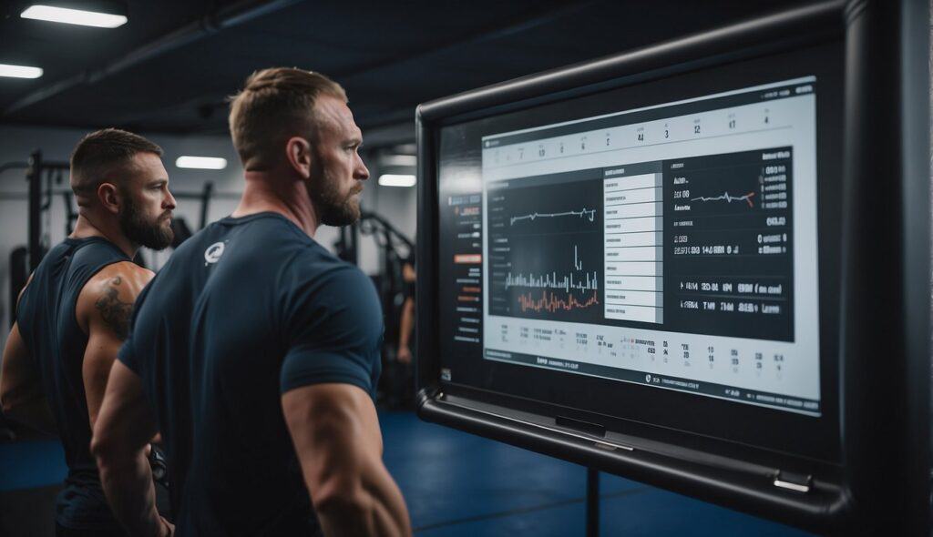 A coach monitors MMA fighters' training routines in a gym, using a whiteboard and stopwatch to plan and track their workouts