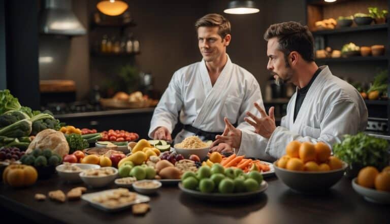 A nutritionist advising a martial artist on a balanced diet, with a focus on protein and energy-rich foods