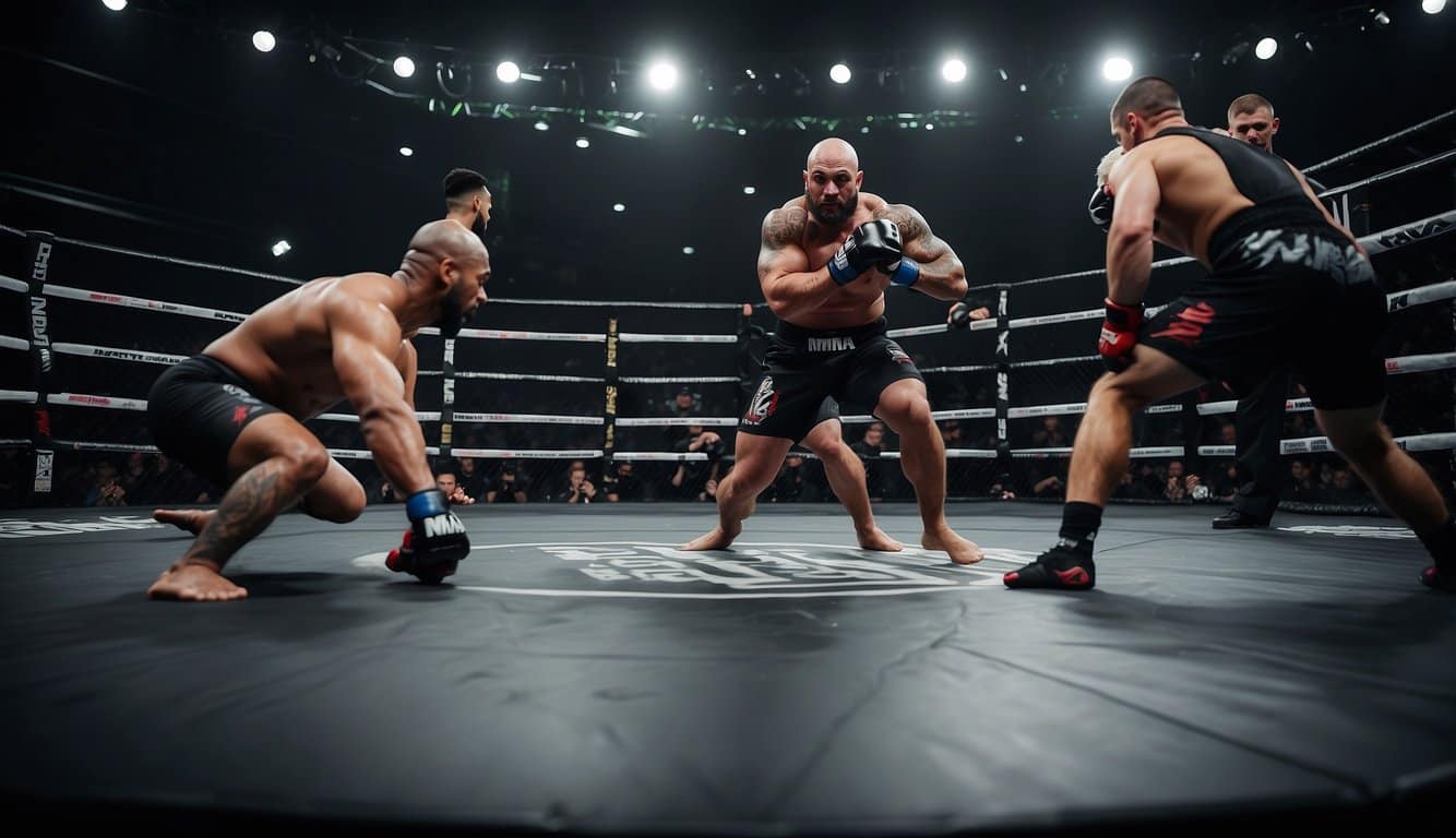 A group of MMA fighters in intense combat, showcasing their skills and determination in the ring