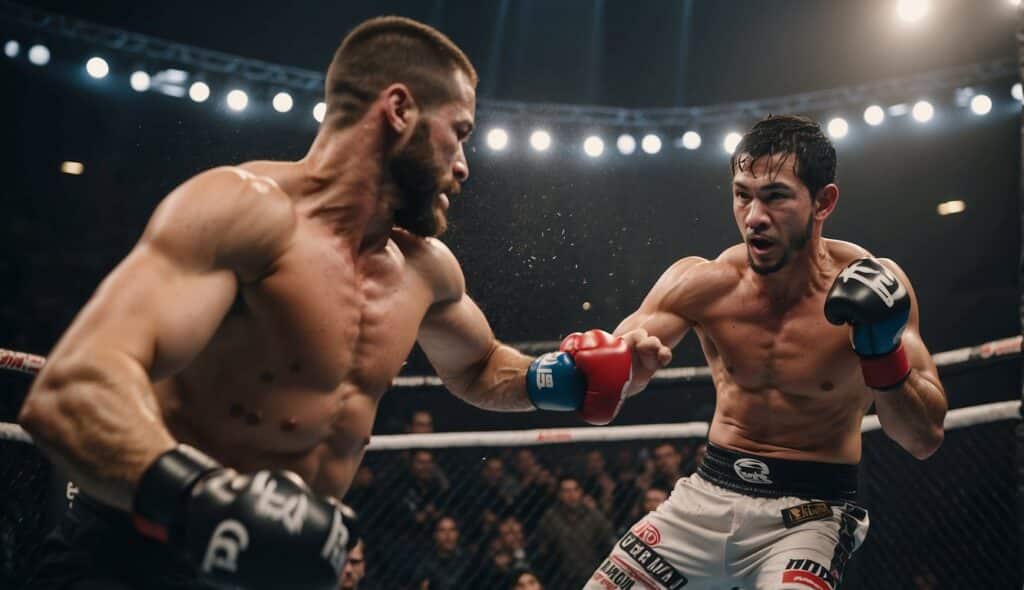 A crowded arena roars as two fighters engage in a fierce MMA battle, showcasing the sport's impact on society and culture