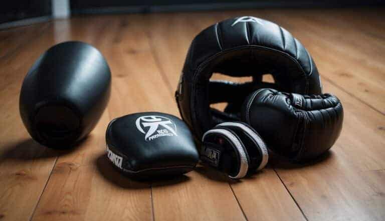 A table with MMA gear: gloves, shin guards, mouthguard, and headgear. A punching bag and mat on the floor