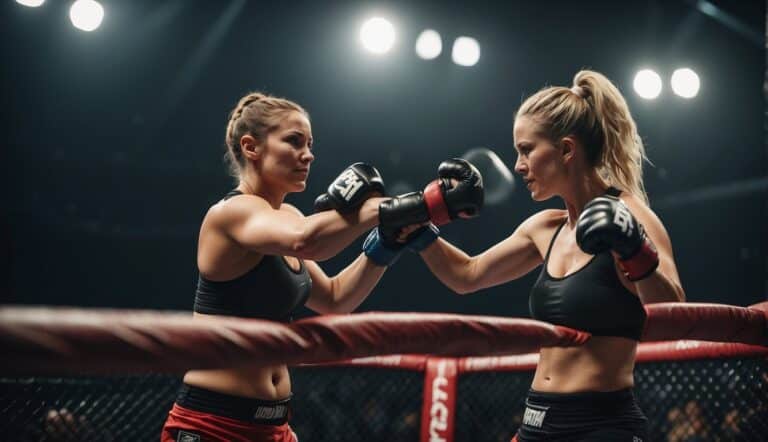 Two female MMA fighters in a cage, ready to spar. Crowd cheering in the background