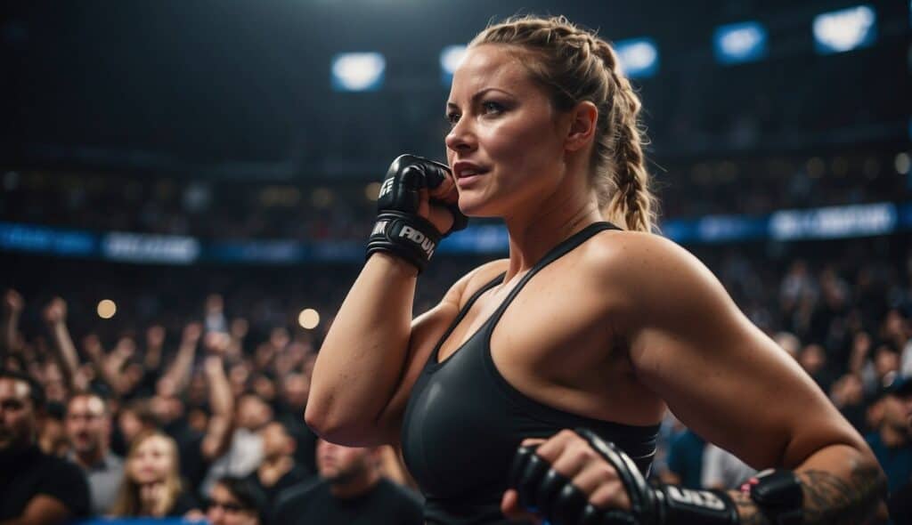 Female MMA fighters in action, surrounded by cheering fans and bright lights