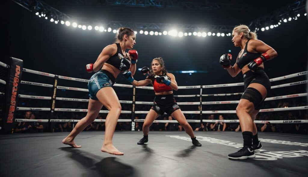 Women in MMA events and platforms: a dynamic fight scene with female fighters showcasing their skills in a cage or ring