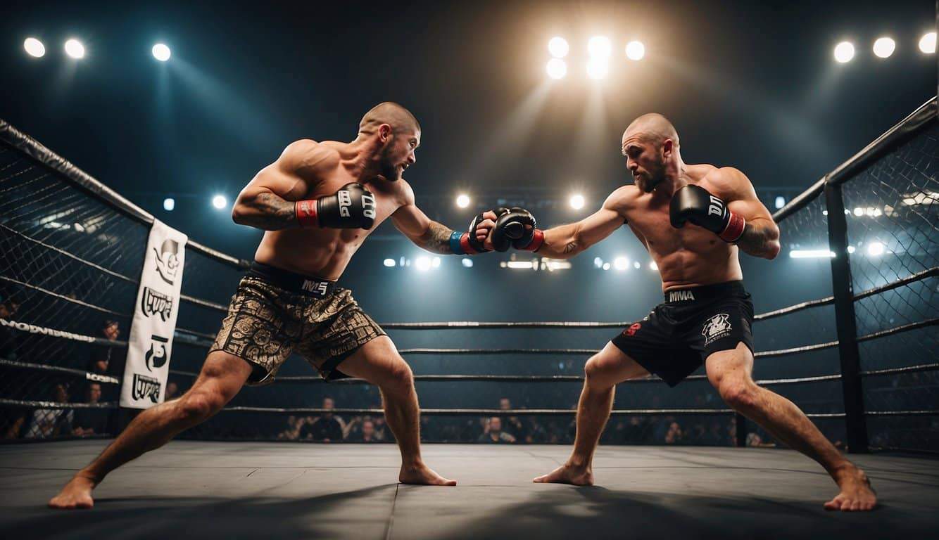 Two fighters in a cage, following MMA rules. One fighter attempts a takedown while the other defends with striking techniques