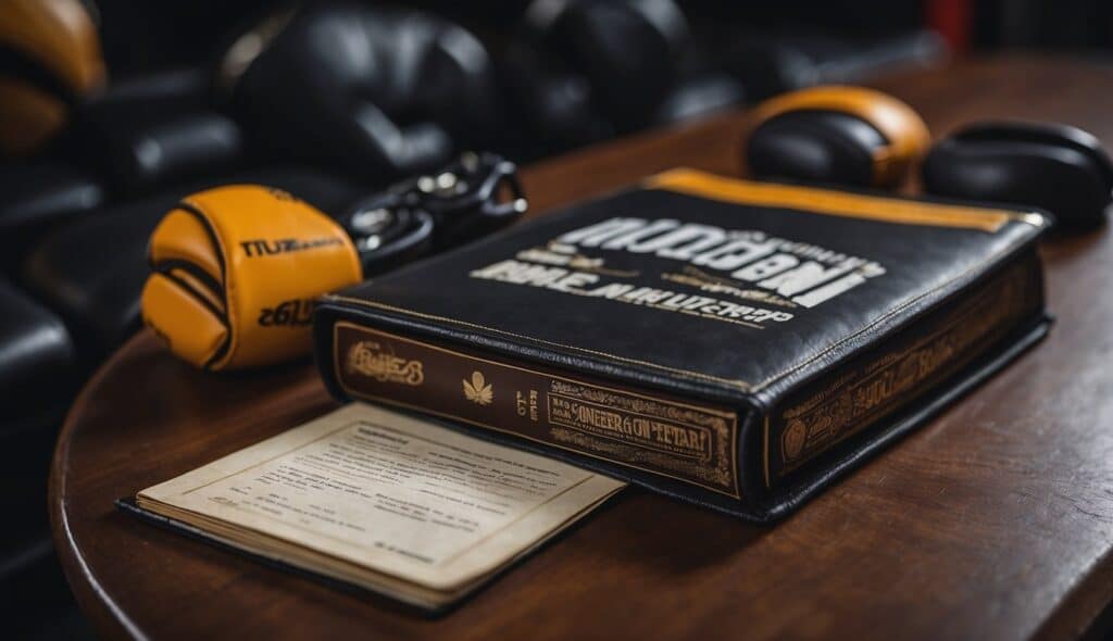 MMA rulebook open on a table, surrounded by gloves, mouthguards, and a referee's whistle