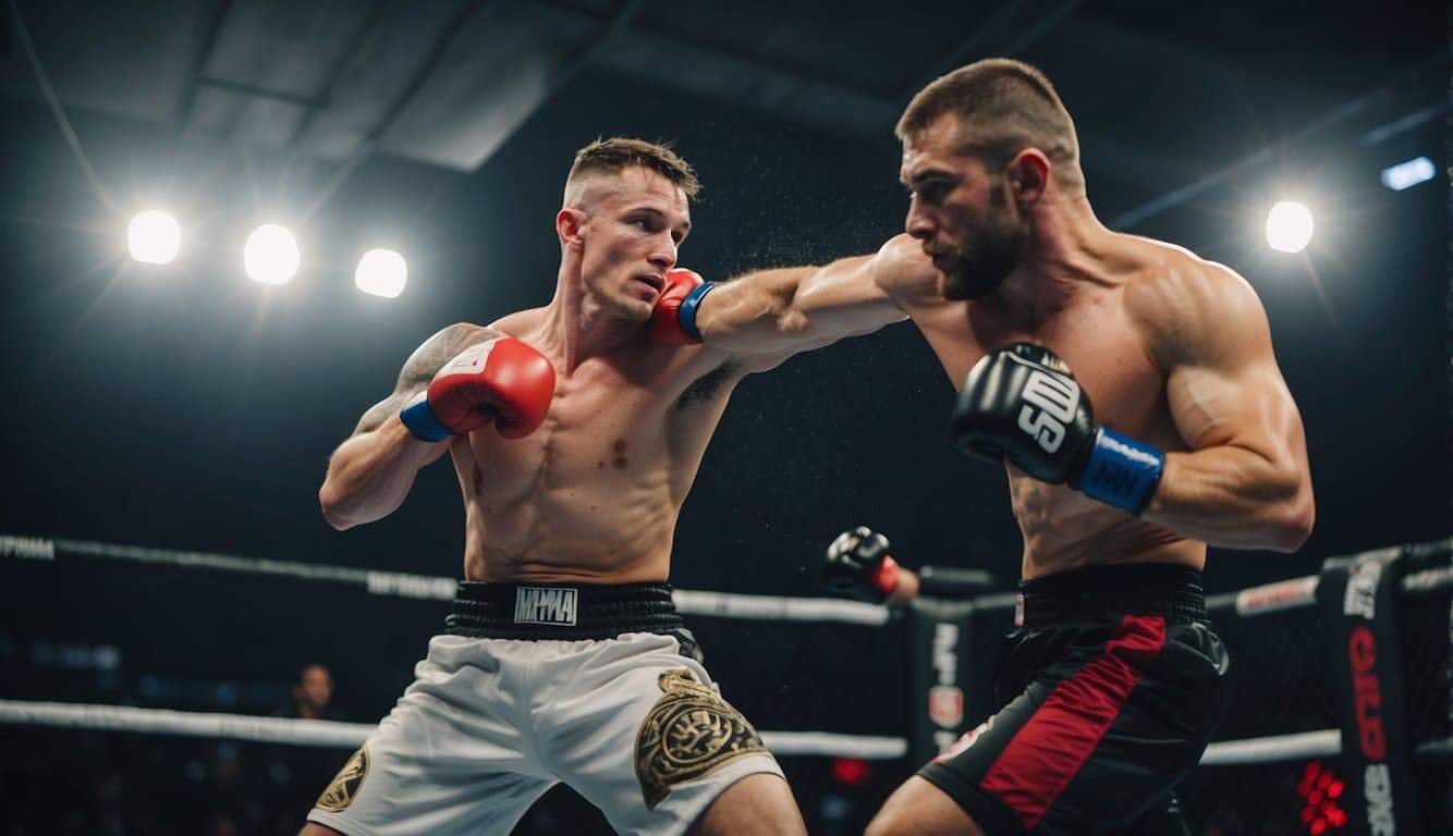 A fighter dodging a punch, with focus on footwork and defensive stance to prevent MMA injuries