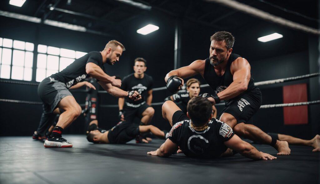 A group of athletes performing basic MMA techniques, emphasizing injury prevention