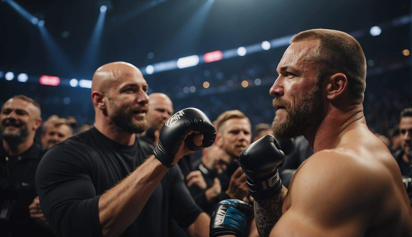 Two MMA fighters in a ring, surrounded by cheering fans in a German arena