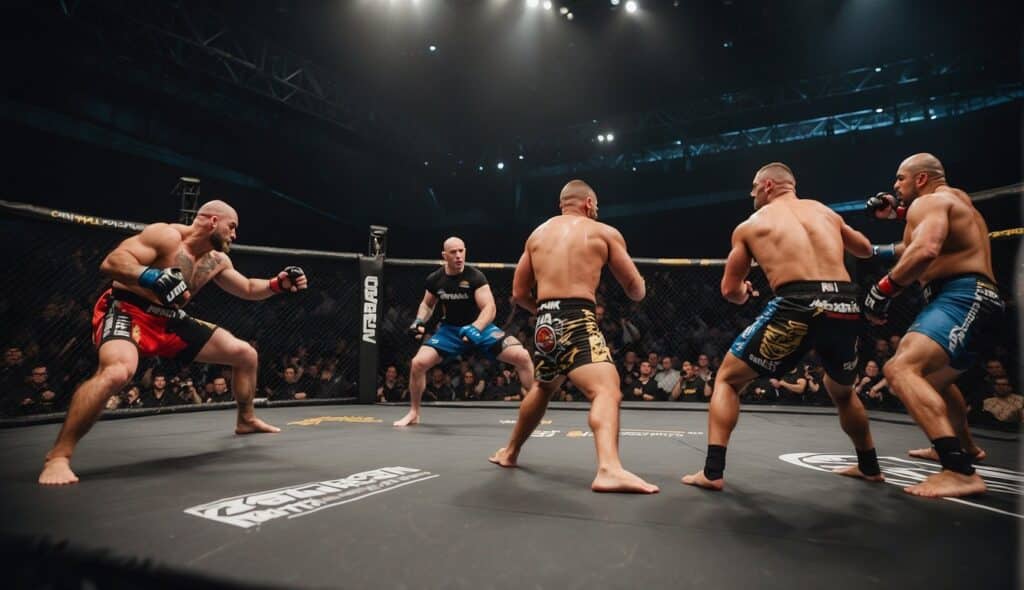 A group of MMA fighters compete in a packed arena in Germany, showcasing the history and growth of the sport in the country