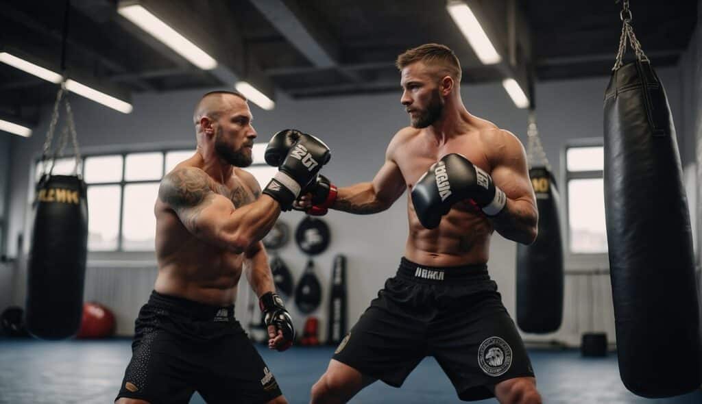 Two MMA fighters in a training gym in Germany, sparring and practicing techniques