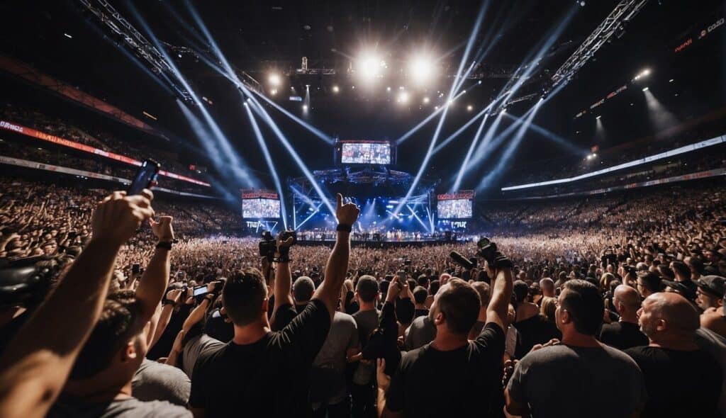 A group of MMA fans gather in a crowded arena, cheering and waving flags. The event is filled with media coverage and excitement