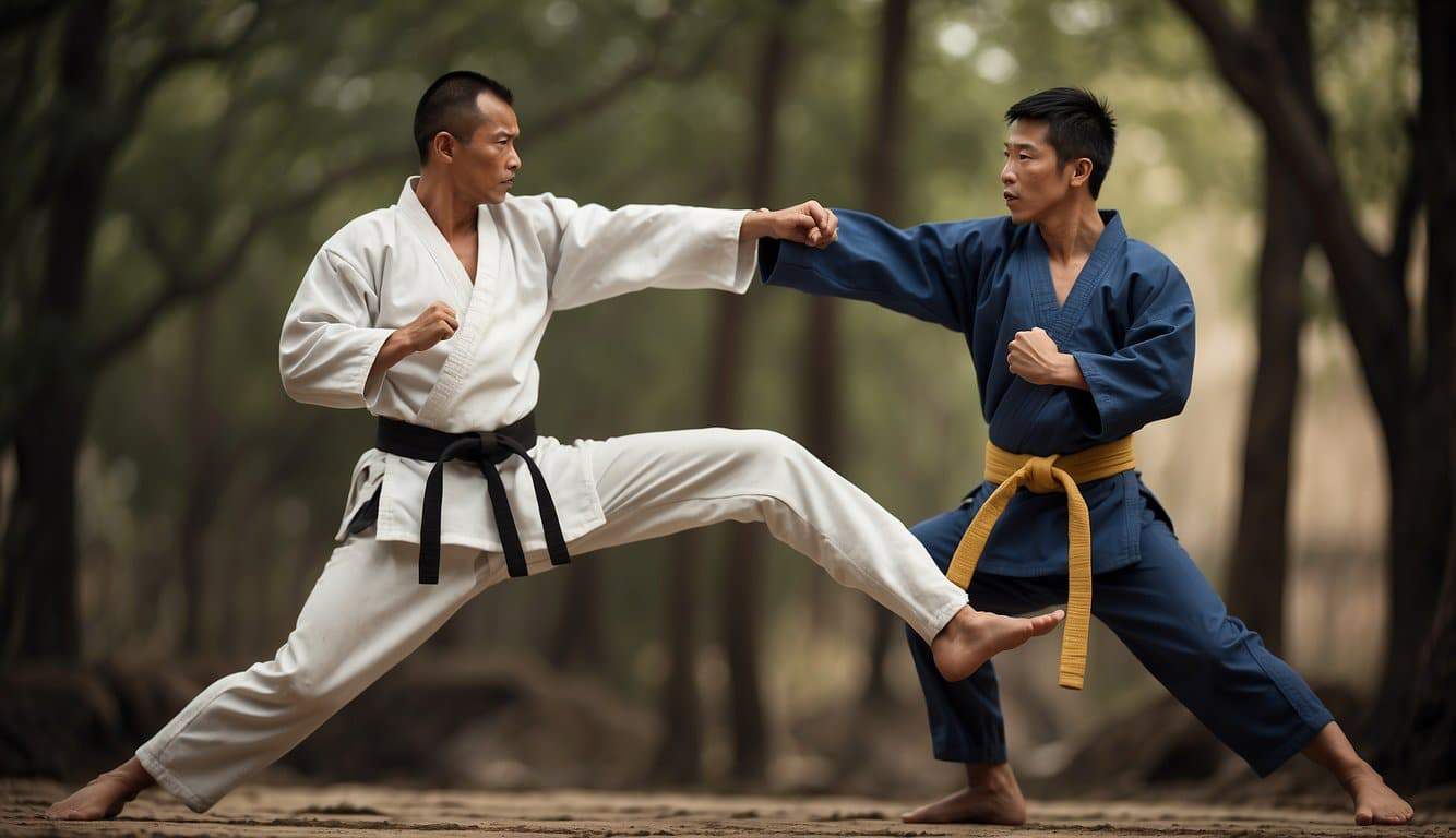 Two figures in a martial arts stance, one defending and the other attacking, with intense focus and determination