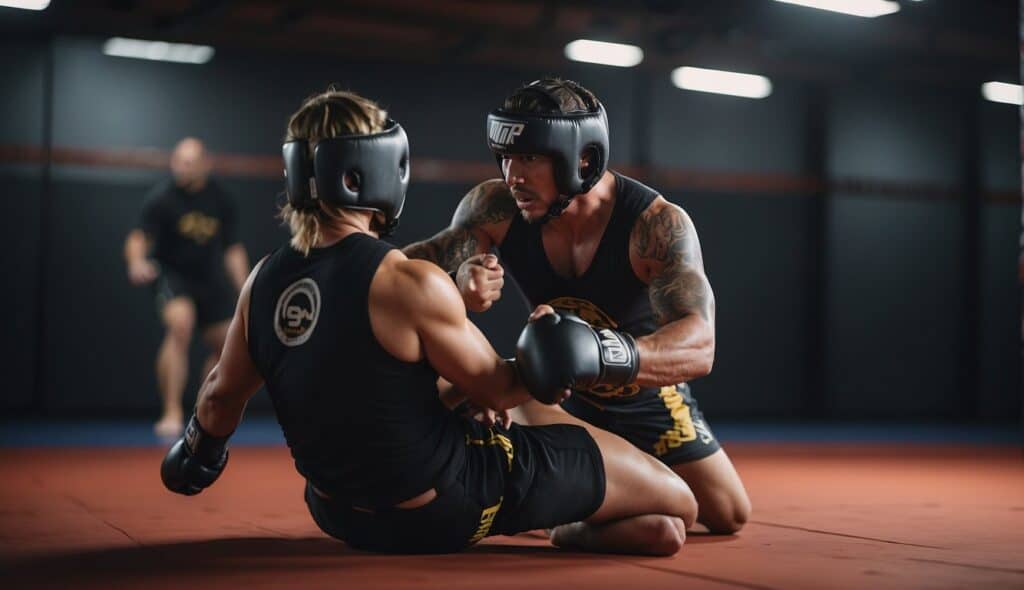 A person demonstrating MMA self-defense techniques in a studio setting