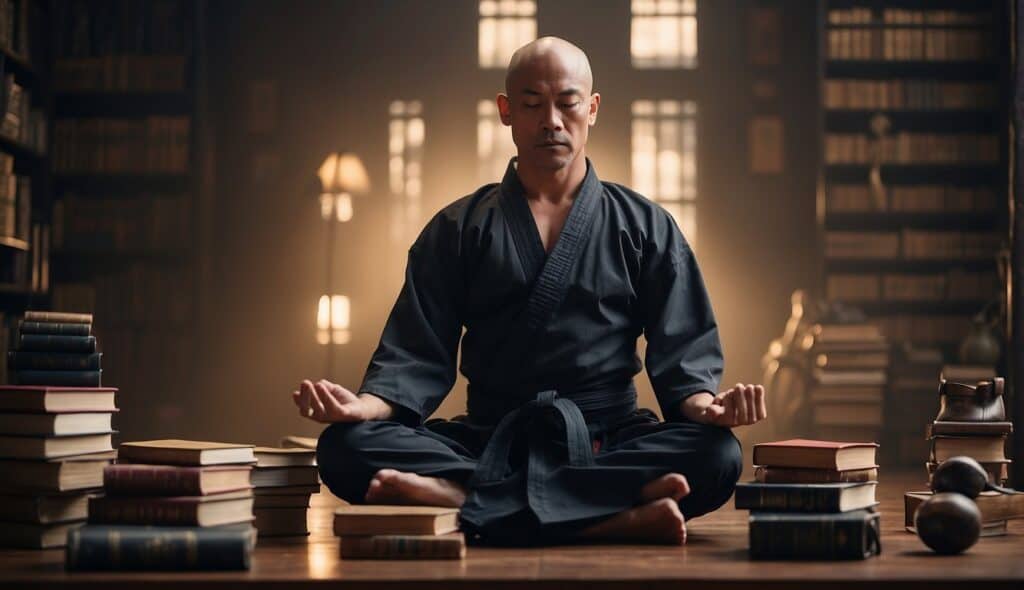 A martial arts practitioner meditates, surrounded by philosophical texts and training gear, preparing for self-defense