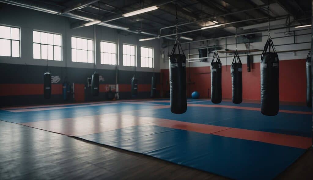 A MMA training area with equipment and mats for self-defense