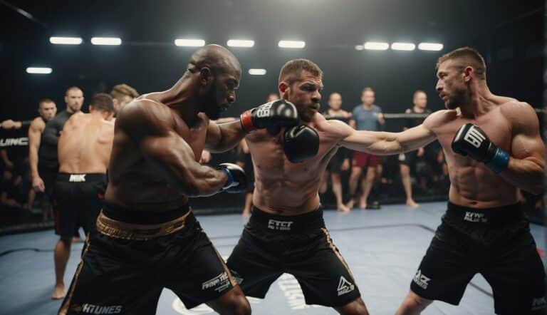 A group of fighters spar in a crowded MMA training camp, sweat flying as they grapple and strike with intensity