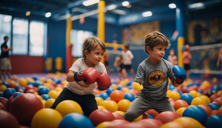 Children playing MMA in a colorful, padded play area